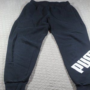 Puma Men's Small Black Fleece White Logo Cuffed Ankle Sweatpants